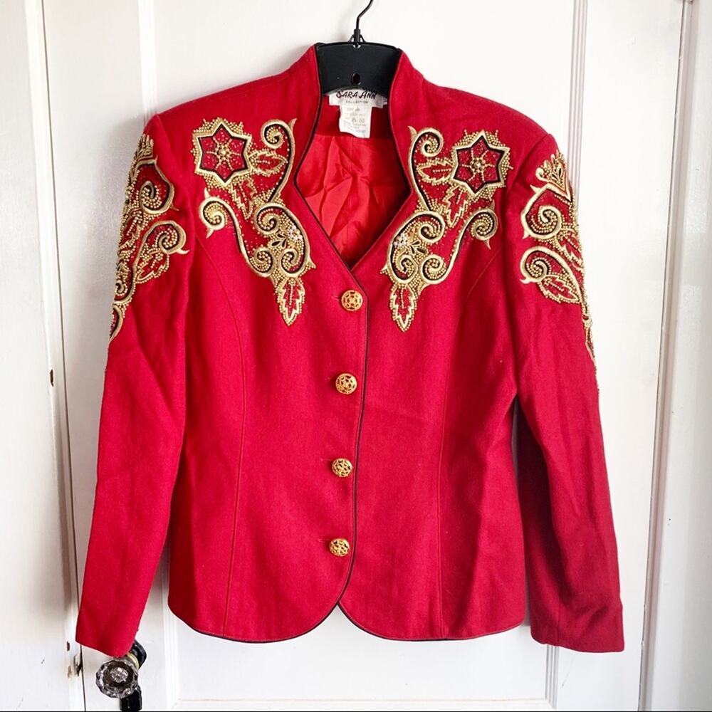 Vintage Ornate Beaded Wool Jacket Blazer Red Notched Collar Gold Size 10